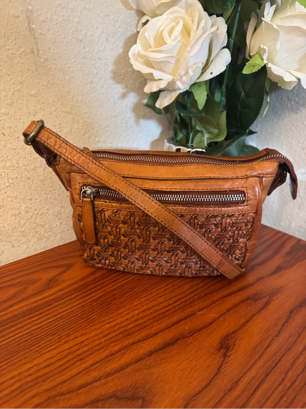 Woven Leather Crossbody Bag in Cognac Brown